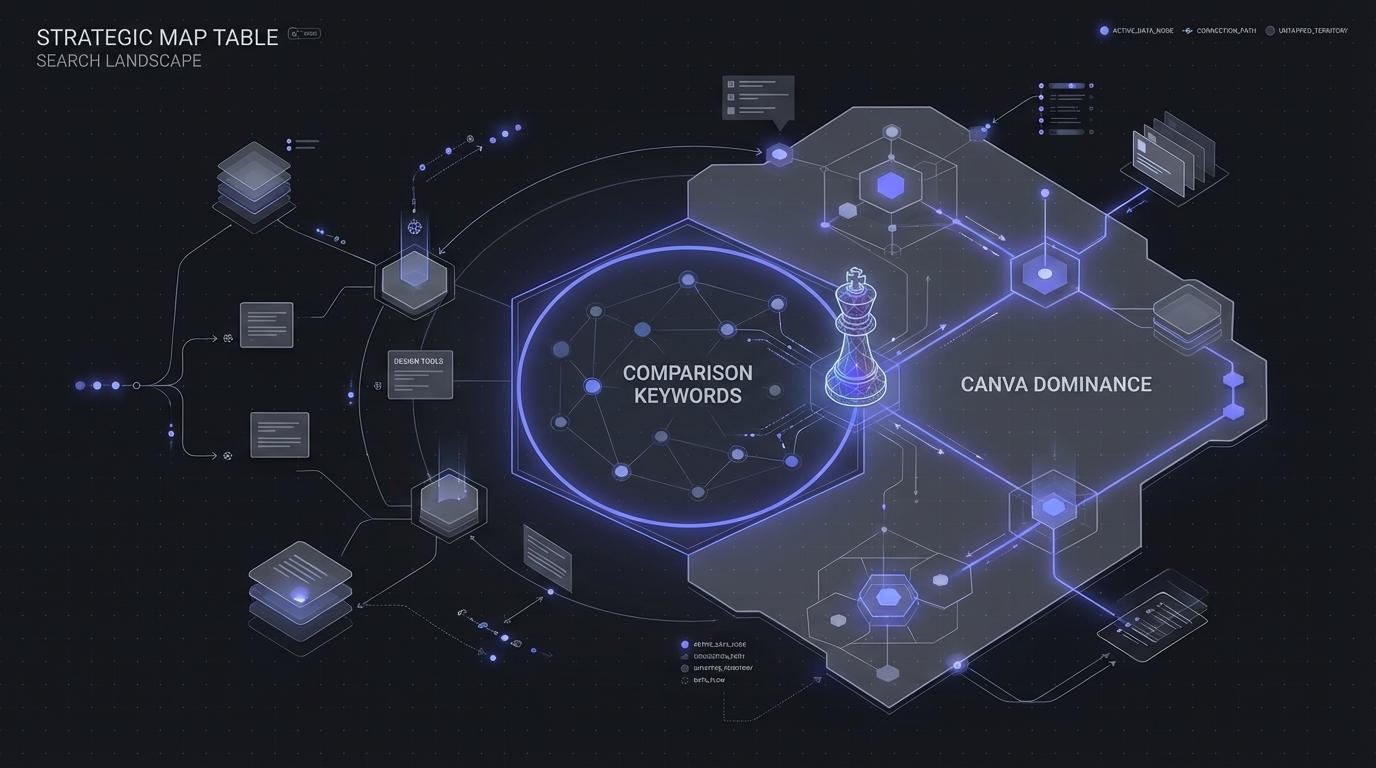 A strategic map showing Canva's search engine dominance, with a single, large, untapped territory labeled "Comparison Keywords" representing their next opportunity.